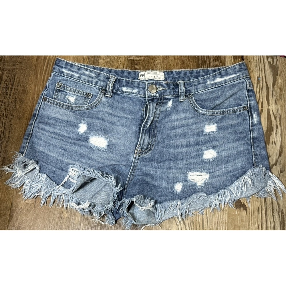 Free People Jean Shorts Womens 30x2" Blue Distressed Holes Cut Off Fray Boho